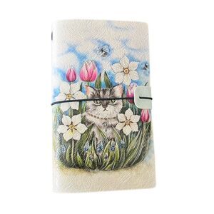 Cat with Flowers and Flies Faux Leather Reusable Travelers Notebook 8x4.5”